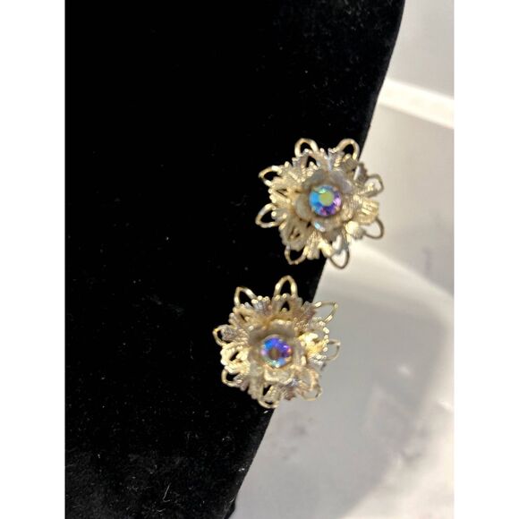 Vintage Aurora Borealis Iridescent Floral Clip-On Earrings, 1950's Era Style - Picture 2 of 7